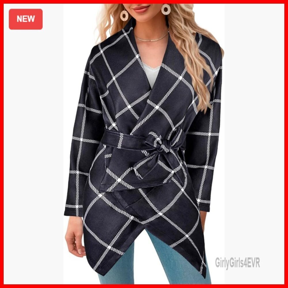 Wool Blend Trench Coat with Shawl Collar, Removable Belt, Plaid Pattern